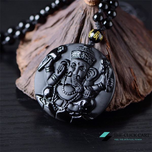 TCC™ Natural Hand Carved Black Obsidian Ganesha Pendant